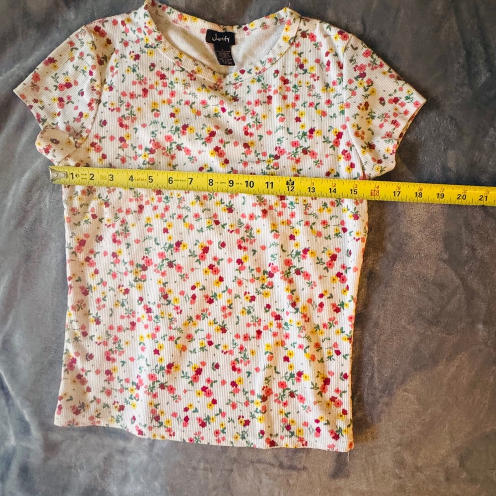 Justify Womens Ribbed Ditsy Floral Short Sleeve T-Shirt White Pink Yellow Large - Picture 4 of 5